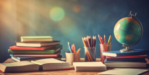 βιβλία, μολύβια και υδρόγειος όλα συντελούν στην εκπαίδευση η οποία βοηθά την καλή υγεία