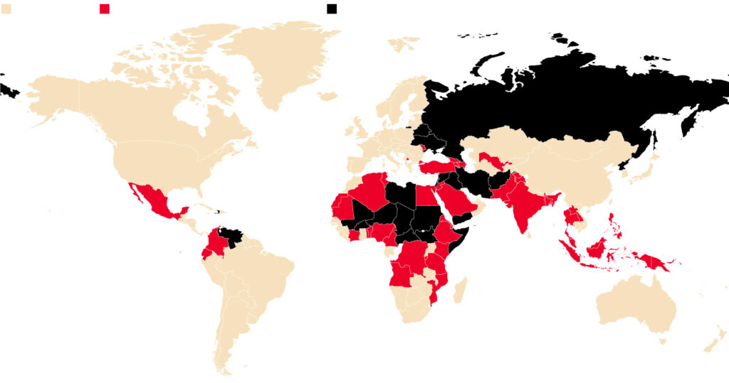 παγκόσμιος χάρτης με μπεζ, κόκκινα και μαύρα χρώματα