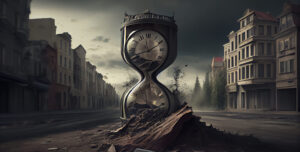 μία κλεψύδρα αποτελέι το ρολόι της Αποκάλυψης μέσα σε μία έρημη πόλη