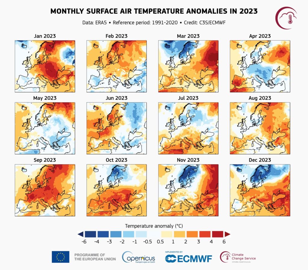 Μηνιαίες ανωμαλίες της επιφανειακής θερμοκρασίας του αέρα για την Ευρώπη το 2023, σε σχέση με τους αντίστοιχους μέσους όρους για την περίοδο αναφοράς 1991-2020