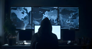 Χάκερ μπροστά από οθόνη υπολογιστή με παγκόσμιο χάρτη