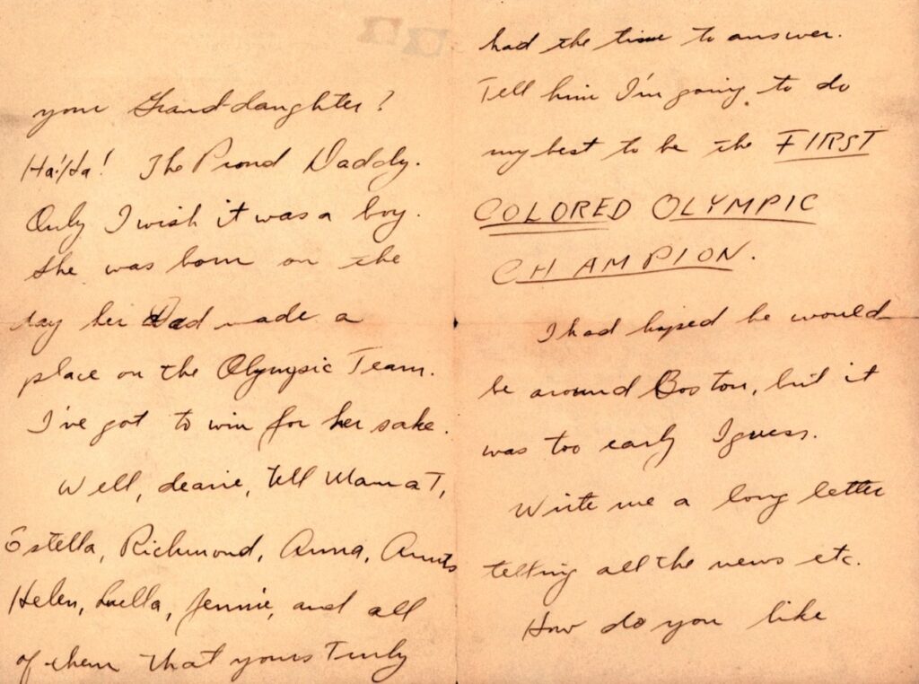 Επιστολή που έγραψε ο William DeHart Hubbard (1903-76) στη μητέρα του στο πλοίο SS America πριν από τον απόπλου για το Παρίσι με την Ολυμπιακή ομάδα των ΗΠΑ