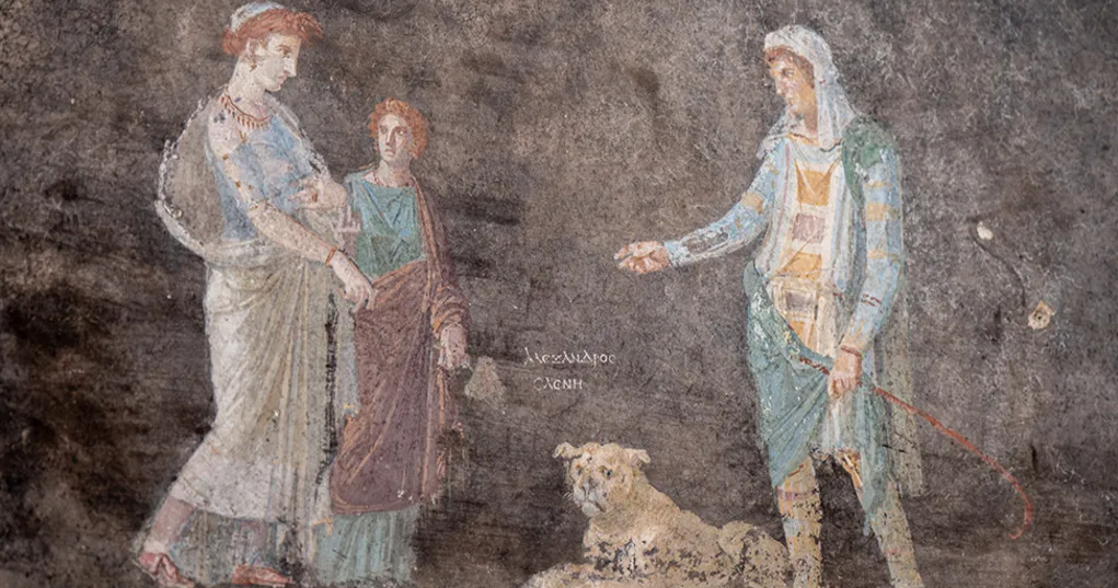 Οι τοιχογραφίες απεικονίζουν την ελληνική μυθολογία: Ο Πάρις απαγάγει την Ελένη, γεγονός που οδηγεί στον Τρωικό Πόλεμο